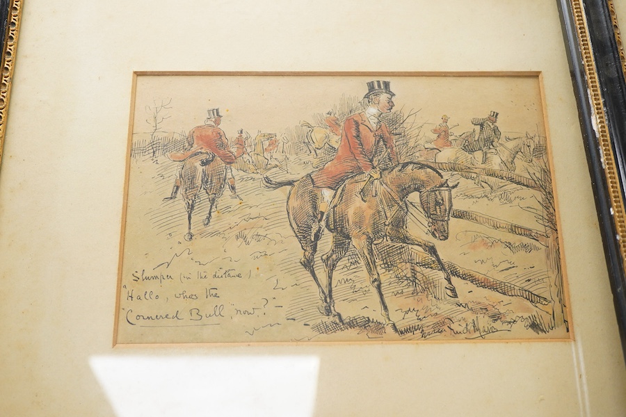 George Finch Mason (1850-1915), ‘Hallo, who’s the cornered bull now?’ and one other, each signed and inscribed in ink, pair of ink and watercolours, 15 x 22cm
